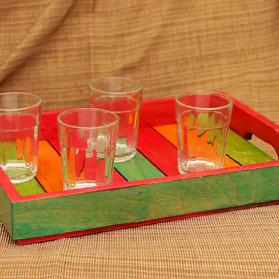 Rustic Mutlicolour Wooden Tray with 6 galsses - Master