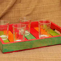 Rustic Mutlicolour Wooden Tray with 6 galsses - Master