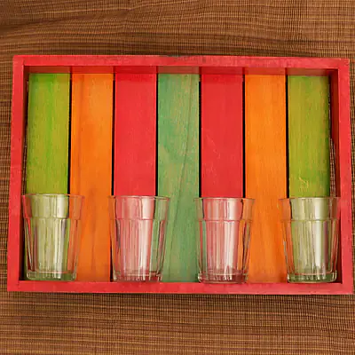 Rustic Mutlicolour Wooden Tray with 6 galsses - Master