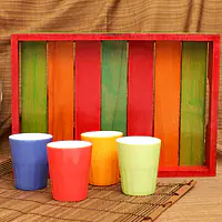 Rustic Mutlicolour Wooden Tray with 4 ceramic glasses - Master