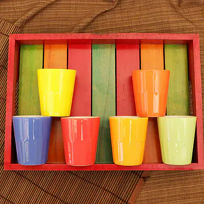 Rustic Mutlicolour Wooden Tray with 6 ceramic glasses - Master
