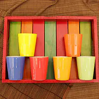 Rustic Mutlicolour Wooden Tray with 6 ceramic glasses - Master