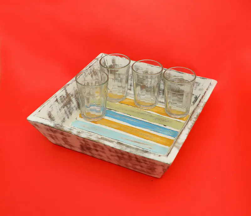 Upcycled Wooden Tray with 4  glasses - Master